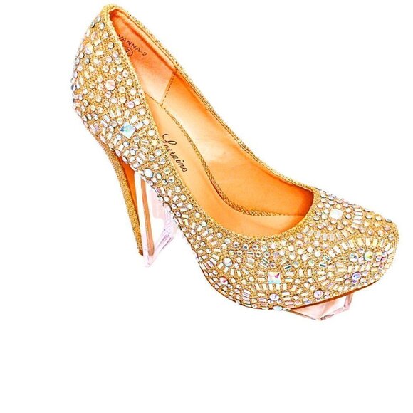 LAUREN LORRAINE CRYSTAL GOLD CINDERELLA BLING CRYSTAL HIGH HEEL SHOES - SIZE 7 - Picture 1 of 11